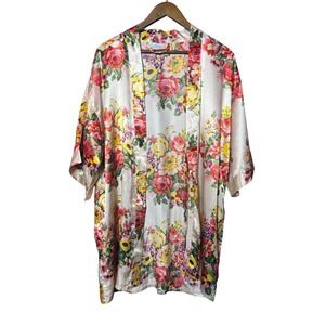 Ms. Lovely Women Size XS/S Floral Short Sleeve Open Front Beige Kimono Robe